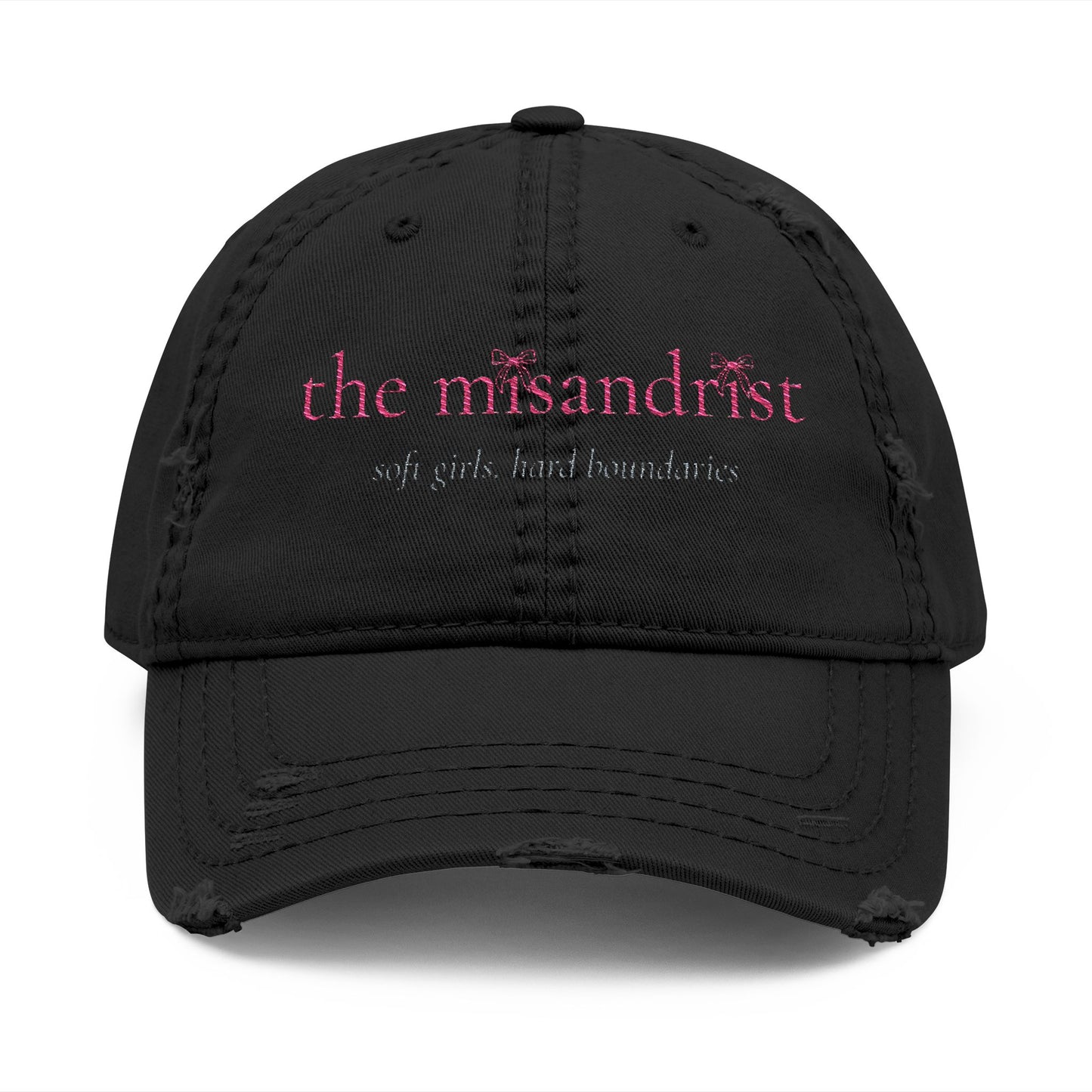 Distressed Embroidered Dad Hat — “the misandrist” Pink Script Vintage Cap