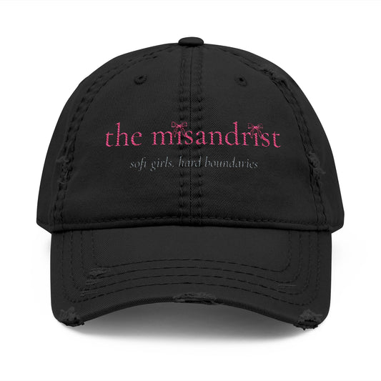 Distressed Embroidered Dad Hat — “the misandrist” Pink Script Vintage Cap