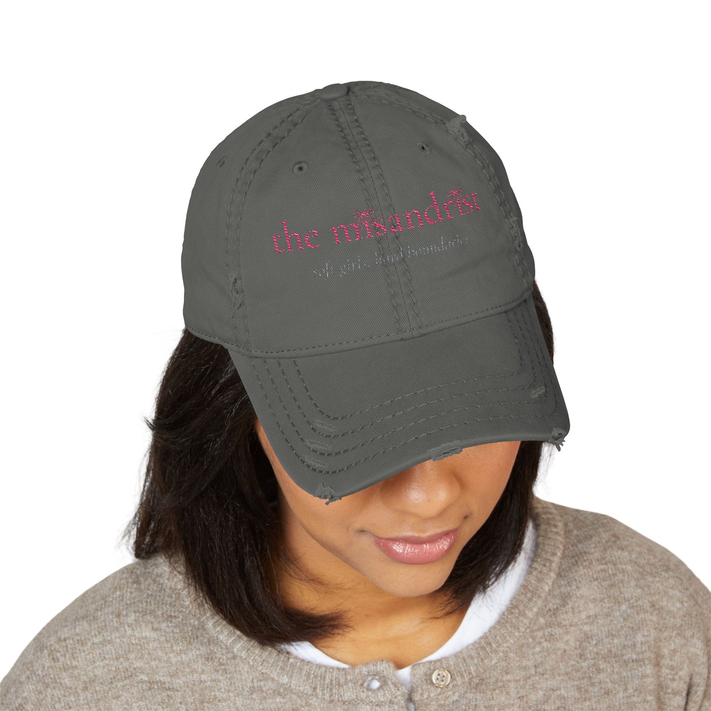 Distressed Embroidered Dad Hat — “the misandrist” Pink Script Vintage Cap