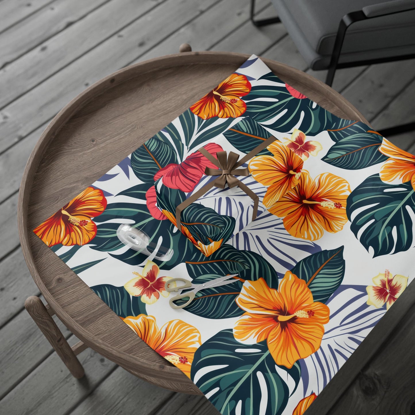 Tropical Pink Gerbera Floral Wrapping Paper | Gift Wrap Roll, Botanical Leaves