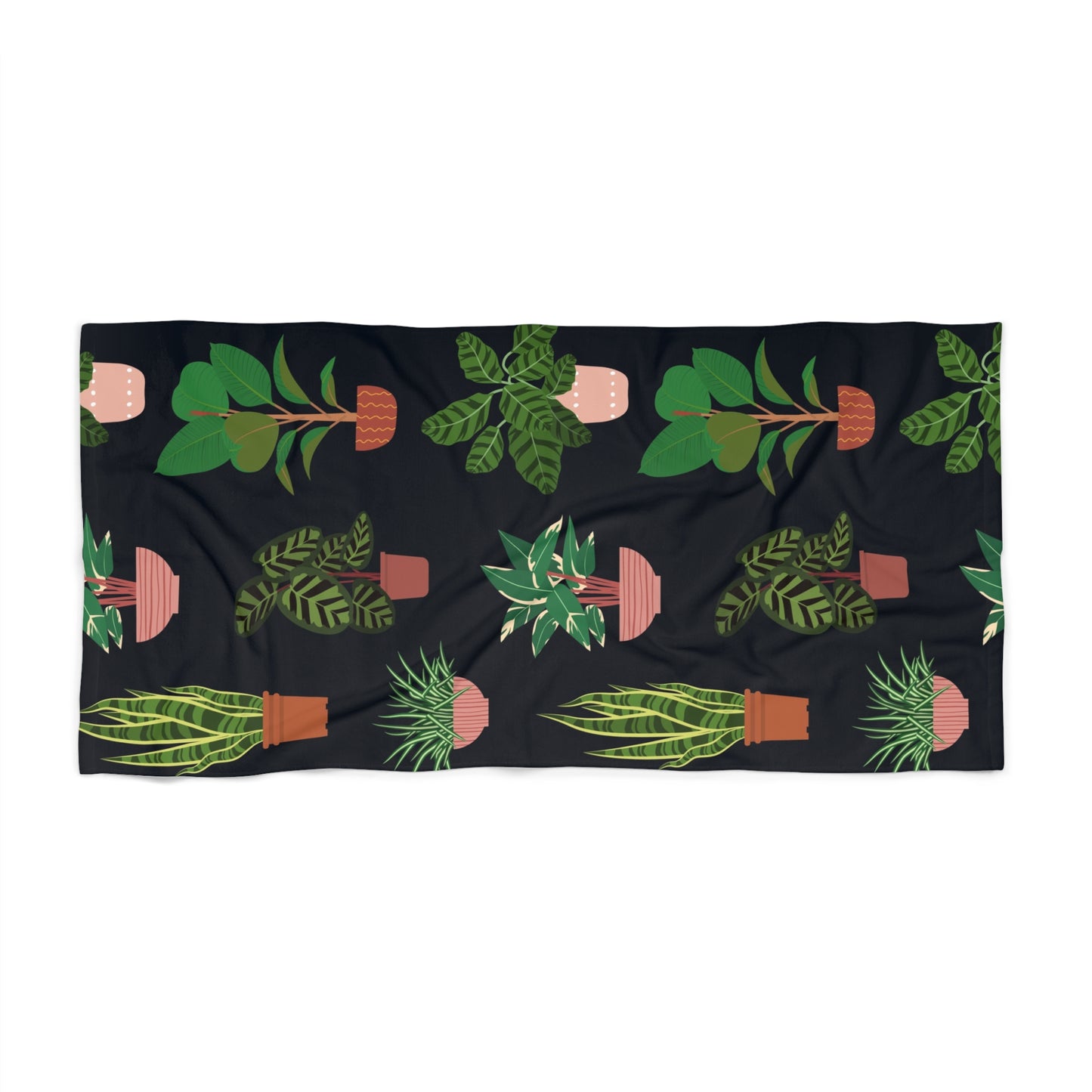 Potted Houseplants Pattern Beach Towel | Tropical Plant Illustration