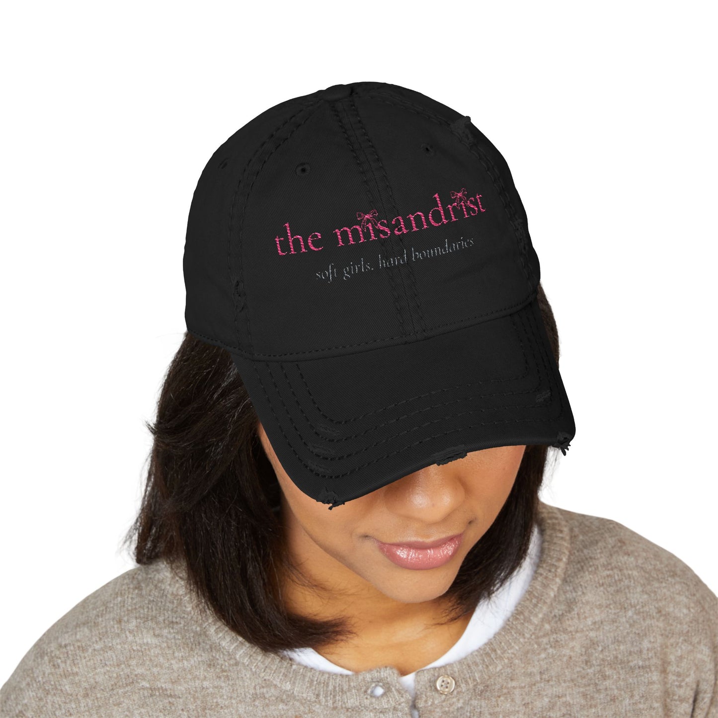 Distressed Embroidered Dad Hat — “the misandrist” Pink Script Vintage Cap