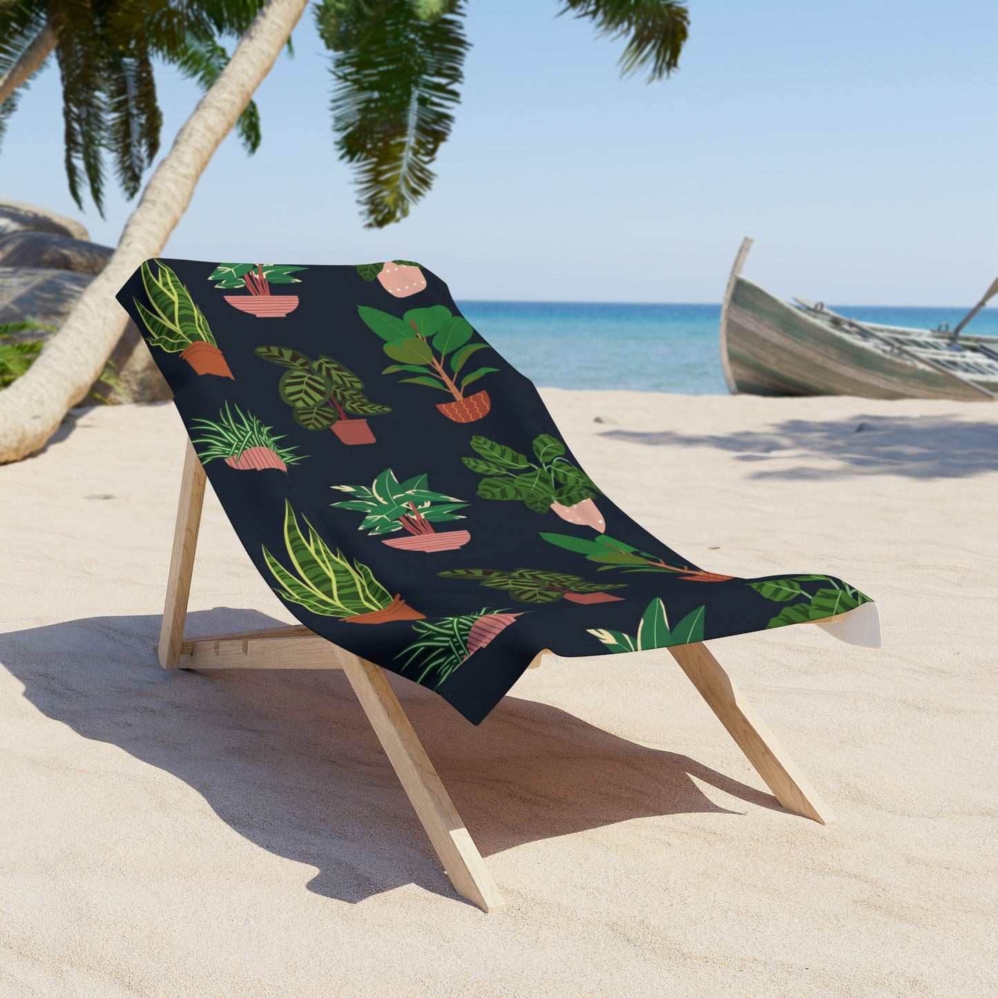 Potted Houseplants Pattern Beach Towel | Tropical Plant Illustration