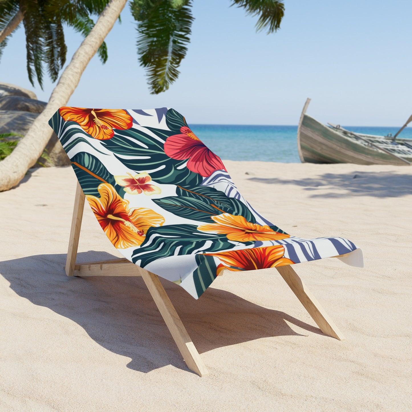 Tropical Hibiscus Floral Beach Towel | Palm Leaves Summer Oasis