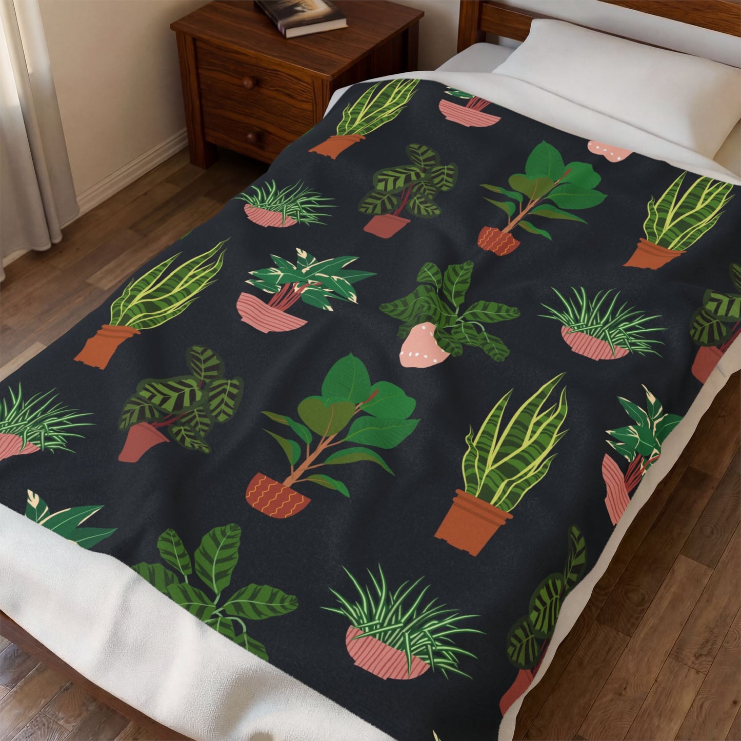 Potted Houseplants Blanket | Velveteen Plush Throw, Indoor Plant Pattern