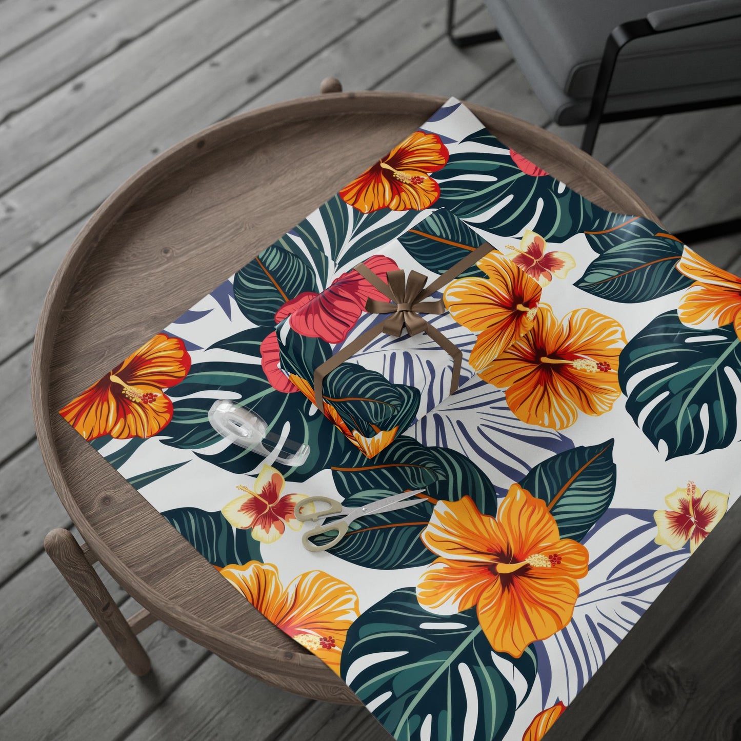 Tropical Pink Gerbera Floral Wrapping Paper | Gift Wrap Roll, Botanical Leaves