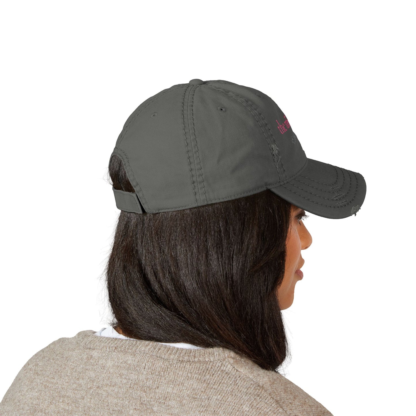 Distressed Embroidered Dad Hat — “the misandrist” Pink Script Vintage Cap