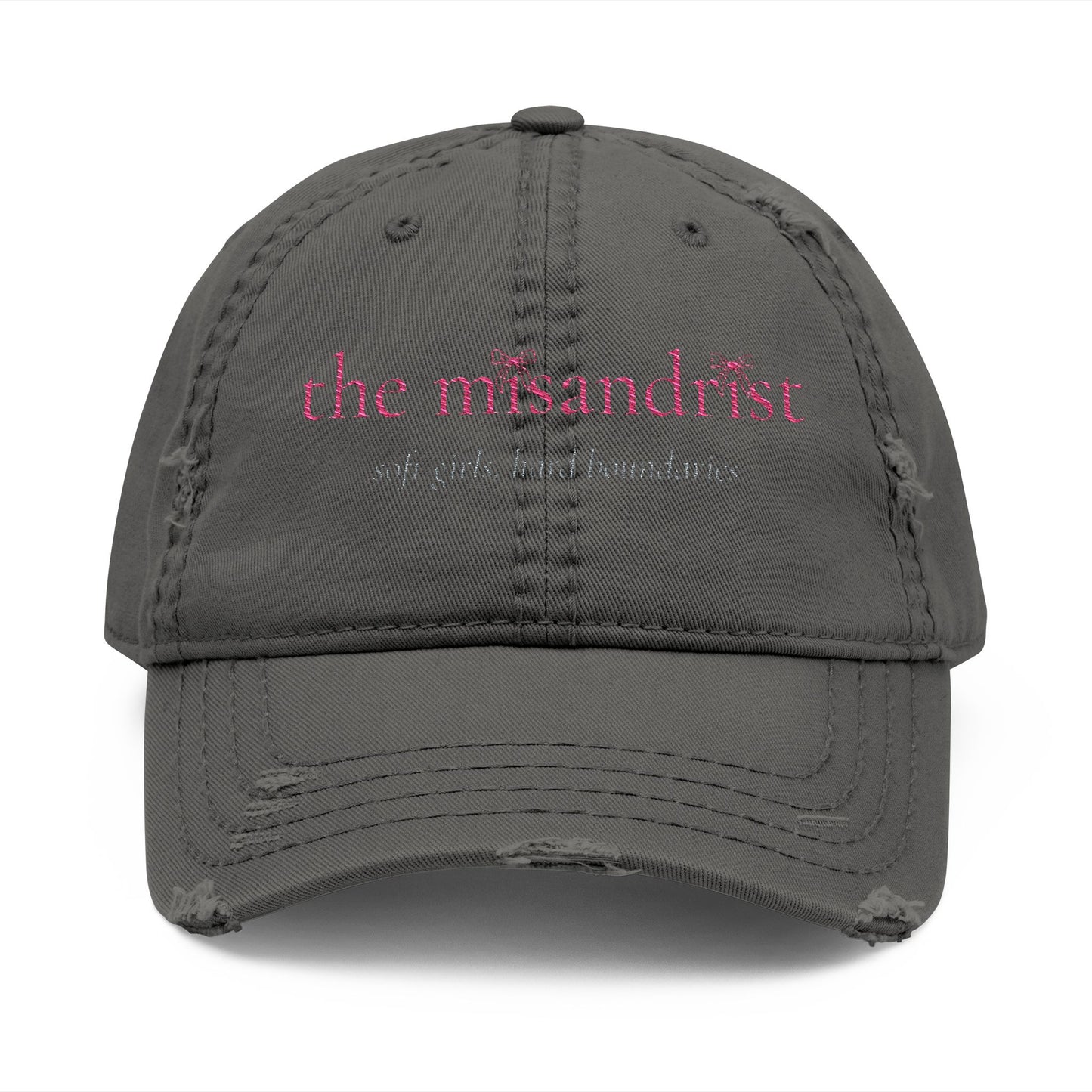 Distressed Embroidered Dad Hat — “the misandrist” Pink Script Vintage Cap