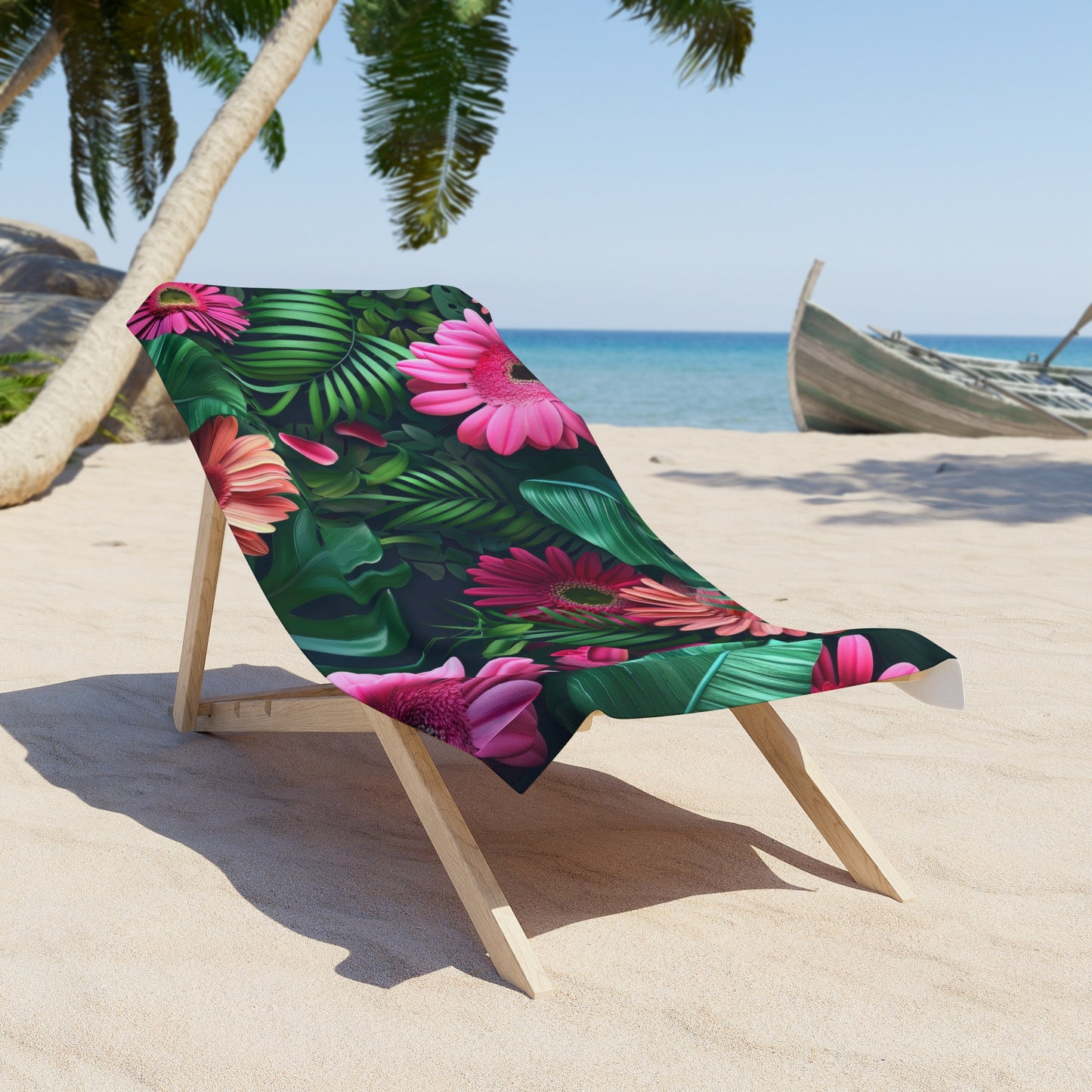 Pink Daisy Tropical Leaves Beach Towel | Floral Palm Print