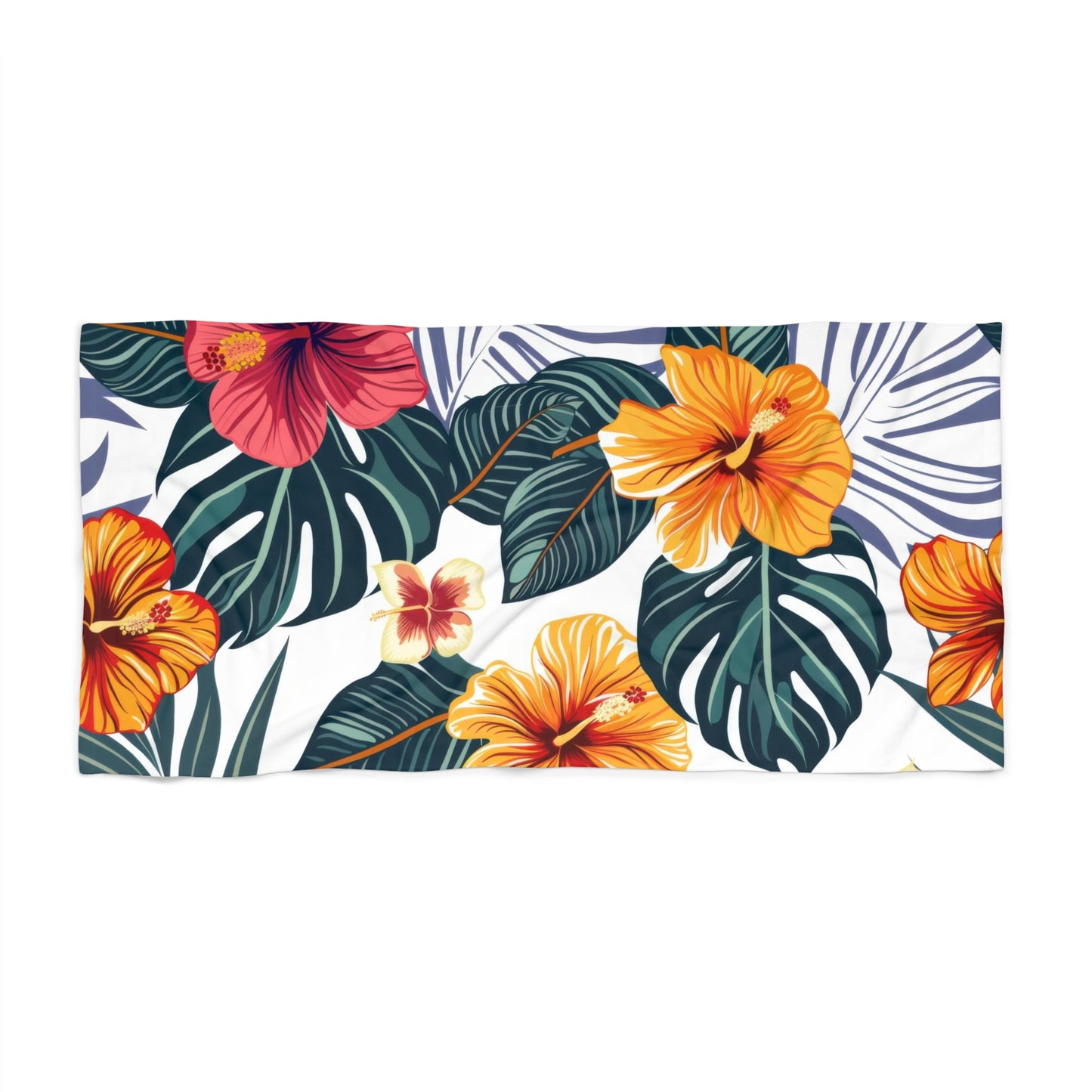 Tropical Hibiscus Floral Beach Towel | Palm Leaves Summer Oasis